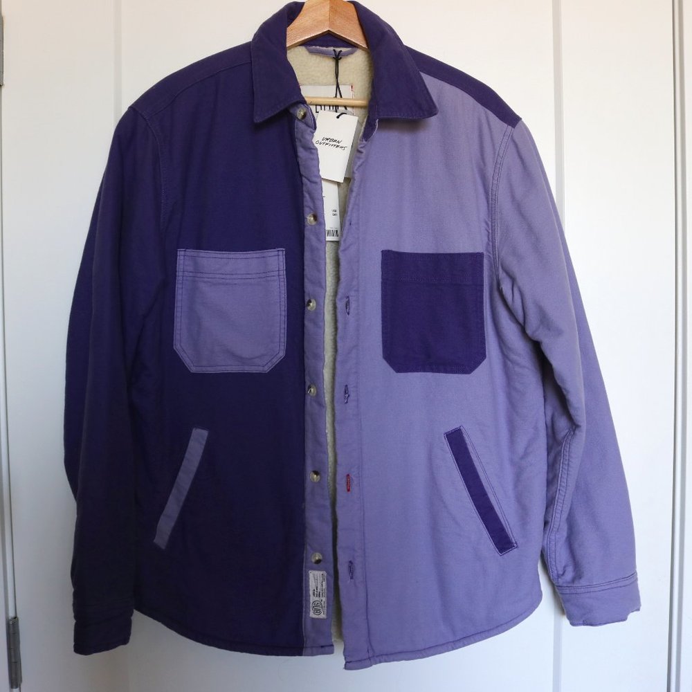 Mens Blocked Sherpa Cotton Faux Sherpa Lined Button Shirt Jacket Size Small - Picture 2 of 5
